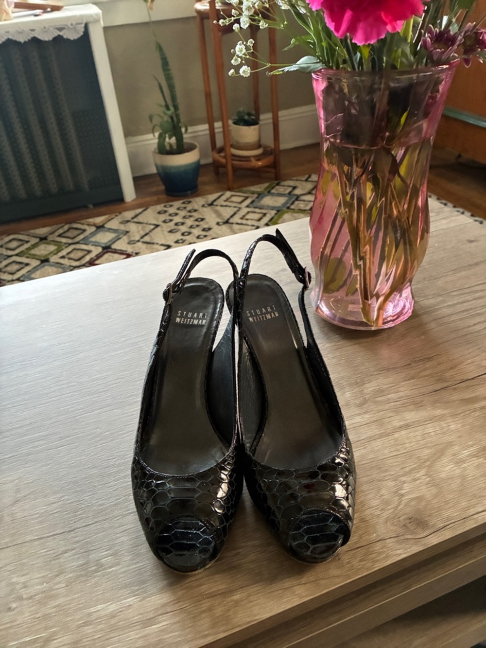 Stuart Weitzman Black Patent Snakeskin Slingback Heels